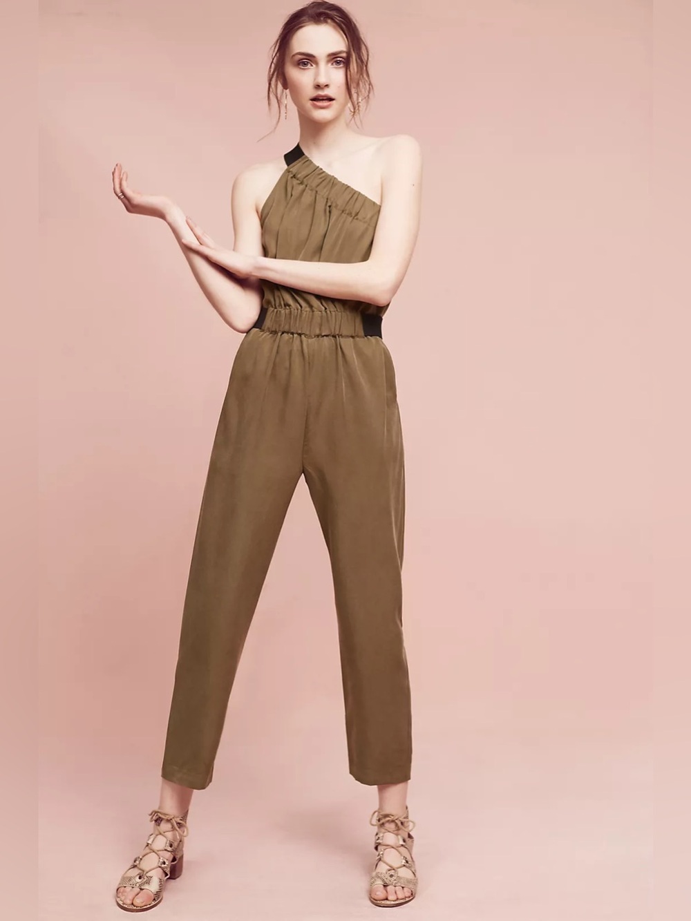 Anthropologie Maeve Olive One-Shoulder Jumpsuit with Elastic Waist - Size 16